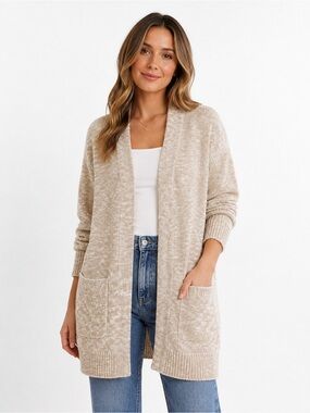 L.L. Bean Women’s Open-Front Pocket Chunky Knit Cardigan, Tan/White, Size Medium